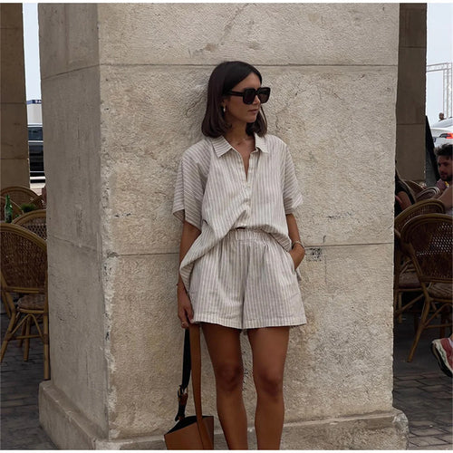 'Malia' – Streifen-Set aus Oversize Bluse & Shorts